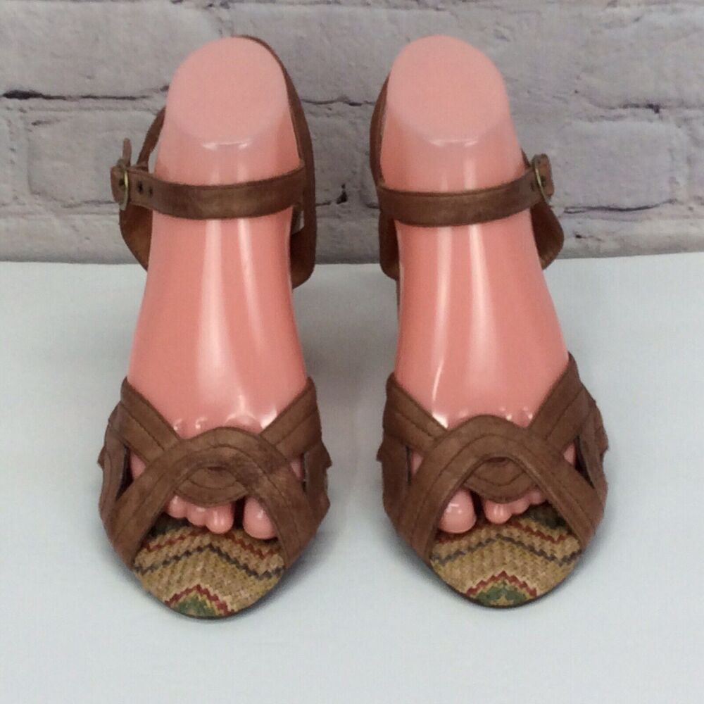 Miz Mooz Macey Open Toe Heeled Sandals Women's Size 10 Brown Leather Wooden Heel